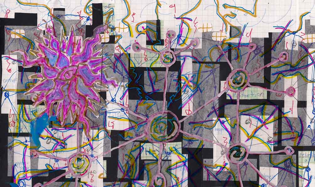 Background collage: Graph and tracing papers collaged
	on black ground in storm- and rain-like pattern, with yellow lightning, blue ballpoint cloud contours and ball-and-stick
	network, pink, purple, and magenta ball-and-stick network and large radiant eye