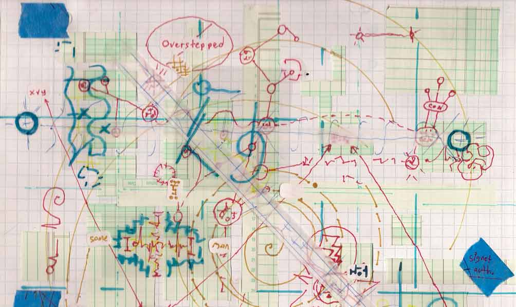 Background collage: mixed paper, large
	yellow marker spiral, red ‘network’ diagram, words ‘overstepped’
	& ‘signet auth’, cartoon lightning bolt & ‘marble’ bursting