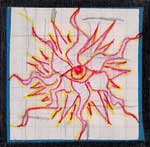 Upper left: Eye with sun rays
		red and yellow line drawing square, black drafter's tape border