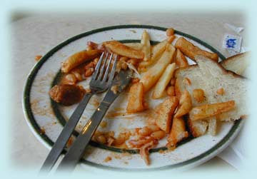plate of half eaten food, fork, knife - link to food slide